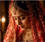 Bride in zari dupatta adjusting heirloom jewellery