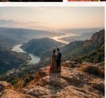 Couple on dramatic mountain cliff overlooking river valley at sunrise