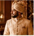 Regal groom in ivory sherwani and safa during traditional ceremony preparation