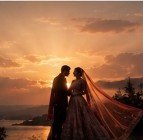 Sunset silhouette of couple by the water