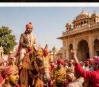 Groom on decorated horse during lively wedding baraat procession
