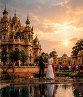 Couple standing by palace reflecting pool